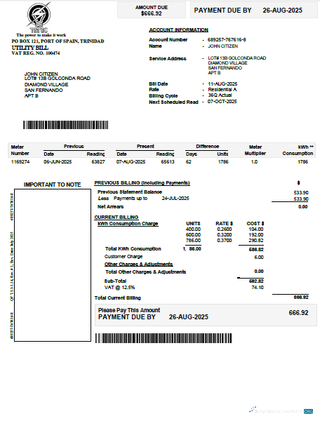 download Trinidad and Tobago Electricity Commission utility bill template in Word and PDF formats PDF template